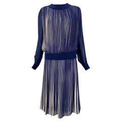 Gucci Navy Blue and Cream Silk Knife Pleat Skirt Set, 1970s