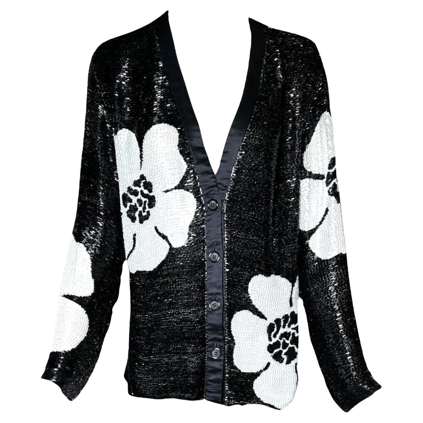 Galanos Solid Beaded Black and White Floral Evening Jacket, 1970s