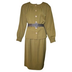 Yves Saint Laurent Haute Couture Khaki Ensemble with Lizard Belt, 1980s