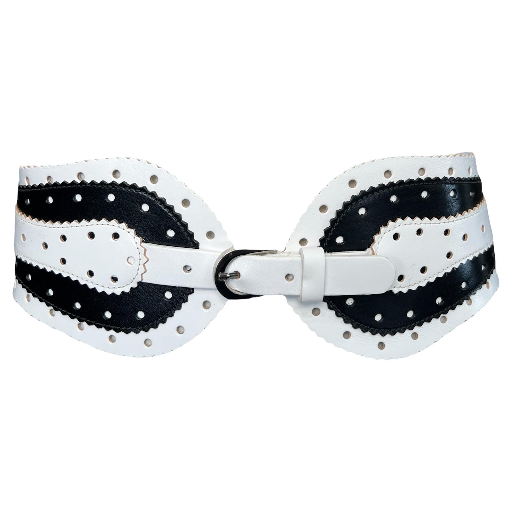Oscar de la Renta Black and White Perforated Leather Corset Belt, 2000s For Sale