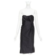 PRADA black silk asymmetric gathered drape corset lined strapless dress IT38 XS