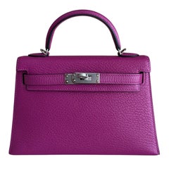 Hermes Kelly Mini 20 Purple Chevre Leather Palladium Hardware Top Handle Bag