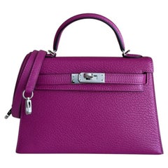 Hermes Kelly Mini 20 Purple Chevre Leather Palladium Hardware Top Handle Bag