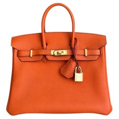 Hermes Birkin 25 Orange Togo Leather Gold Hardware Top Handle Bag