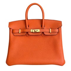 Hermes Birkin 25 Orange Togo Leather Gold Hardware Top Handle Bag