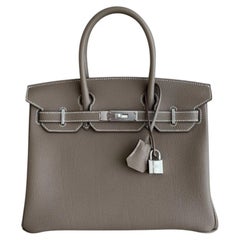 Hermes Birkin 30 Etoupe Gray Togo Leather Palladium Hardware Top Handle Bag