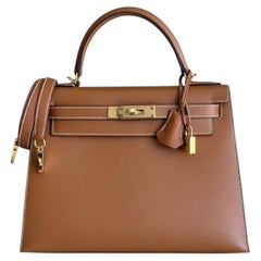 Hermes Kelly 28 Sellier Gold Tan Epsom Leather Gold Hardware Rare Top Handle Bag