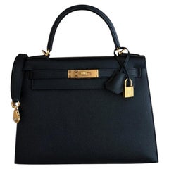 Hermes Kelly 28 Sellier Nero Noir Pelle Epsom Hardware Oro Borsa a manico superiore