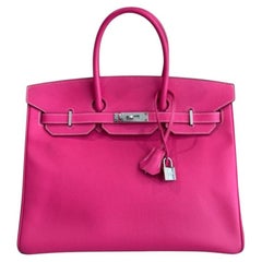 Hermes Birkin 35 Rose Tyrien Pink Epsom Leather Palladium Rare Top Handle Bag