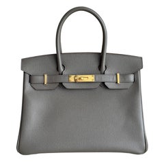 Hermes Birkin 30 Gris Etain Gray Epsom Leather Gold Hardware Top Handle Bag
