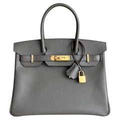 Hermes Birkin 30 Gris Etain Gray Epsom Leather Gold Hardware Top Handle Bag