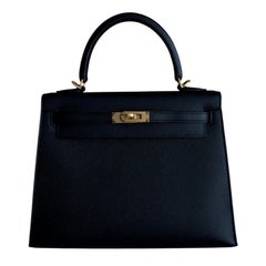 Hermes Kelly 25 Sellier Noir Epsom Leather Gold Hardware Rare Top Handle Bag