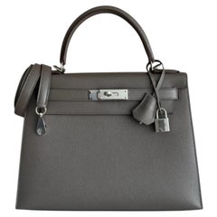 Hermes Kelly 28 Sellier Etain Gray Epsom Leather Palladium Rare Top Handle Bag