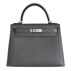 Hermes Kelly 28 Sellier Etain Gray Epsom Leather Palladium Rare Top Handle Bag