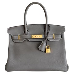 Hermes Birkin 30 Etoupe Gray Togo Leather Gold Hardware Top Handle Bag