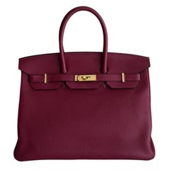 Hermes Birkin 35 Rouge Grenat Red Togo Leather Gold Hardware Rare Top Handle Bag
