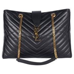 Saint Laurent Lambskin Matelasse Chevron Monogram Shopping Bag Black