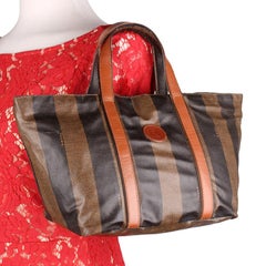 Fendi Vintage Pequin Stripe Canvas Leather Satchel Bag, 9"x5"x7.5"