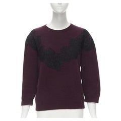 VALENTINO burgundy red virgin wool cashmere black lace applique sweater XL