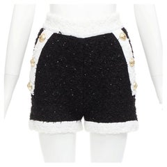 BALMAIN black white sequins tweed gold buttons zip high waisted shorts FR34 XS