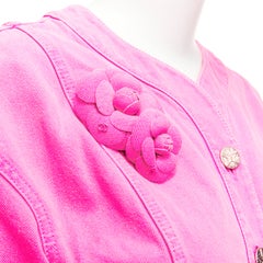 CHANEL 2021 neon pink cotton denim CC logo camellia embellished jacket FR34 XS