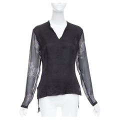 DRIES VAN NOTEN 1990s Vintage silk floral sheer sleeves hi low blouse FR38 M