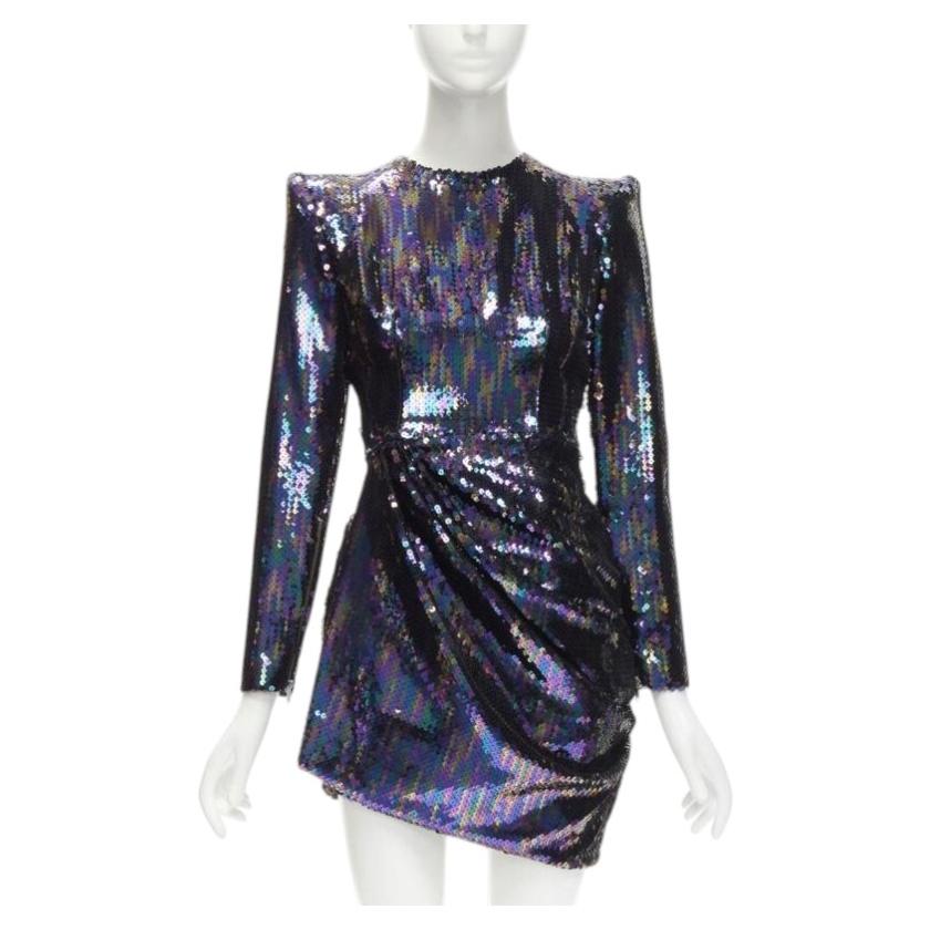 Pre-owned Alex Perry Iris Petrol Blue Sequins Shoulder Padder Draped Mini Dress Uk6 S