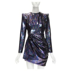 ALEX PERRY Iris petrol blue sequins shoulder padder draped mini dress UK6 S
