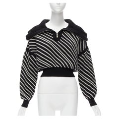 CHANEL 100% cashmere black white stripe CC crystal logo cropped sweater FR34 XS