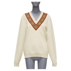 GUCCI 100% wool cream Vintage GG monogram V-neck varsity sweater S