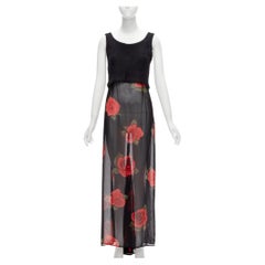 DOLCE GABBANA Vintage sheer red rose dress black cropped sweater vest set IT42 M