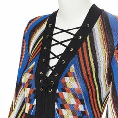 BALMAIN ethnic tribal knitted lace V-neck bodycon mini dress FR38 M