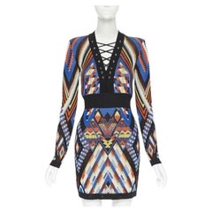 BALMAIN ethnic tribal knitted lace V-neck bodycon mini dress FR38 M