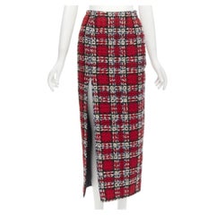 HALPERN red plaid check tweed high slit pencil midi skirt FR34 XS