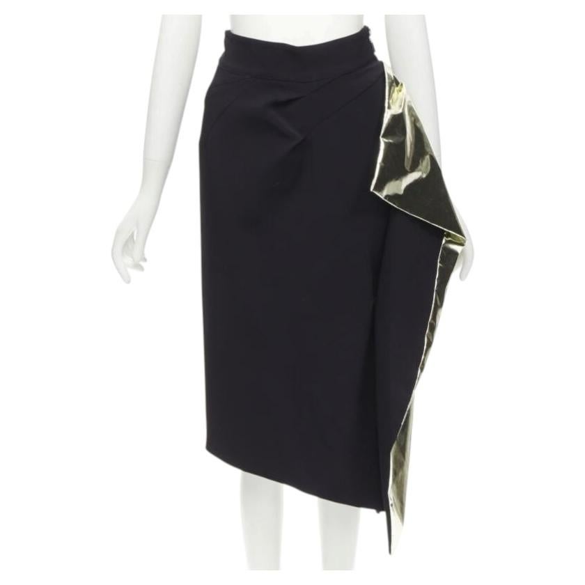 Pre-owned Maticevski Alkali Gold Foil Pleated 3d Drape High Waisted Midi Skirt Aus10 S In Black