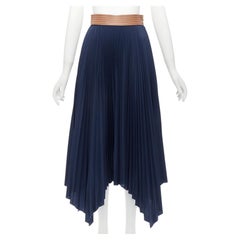 LOEWE brown cowhide leather white topstitched belt navy pleated skirt FR34 XS