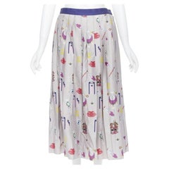 Mary Katrantzou grigio, stampa di illustrazioni miste, gonna midi a pieghe UK10 27".