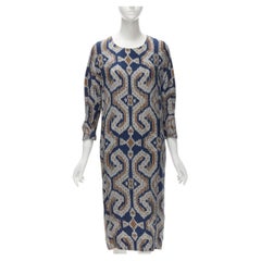 BY MALENE BIRGER blue grey ethnic round crew neck midi dress FR36 S