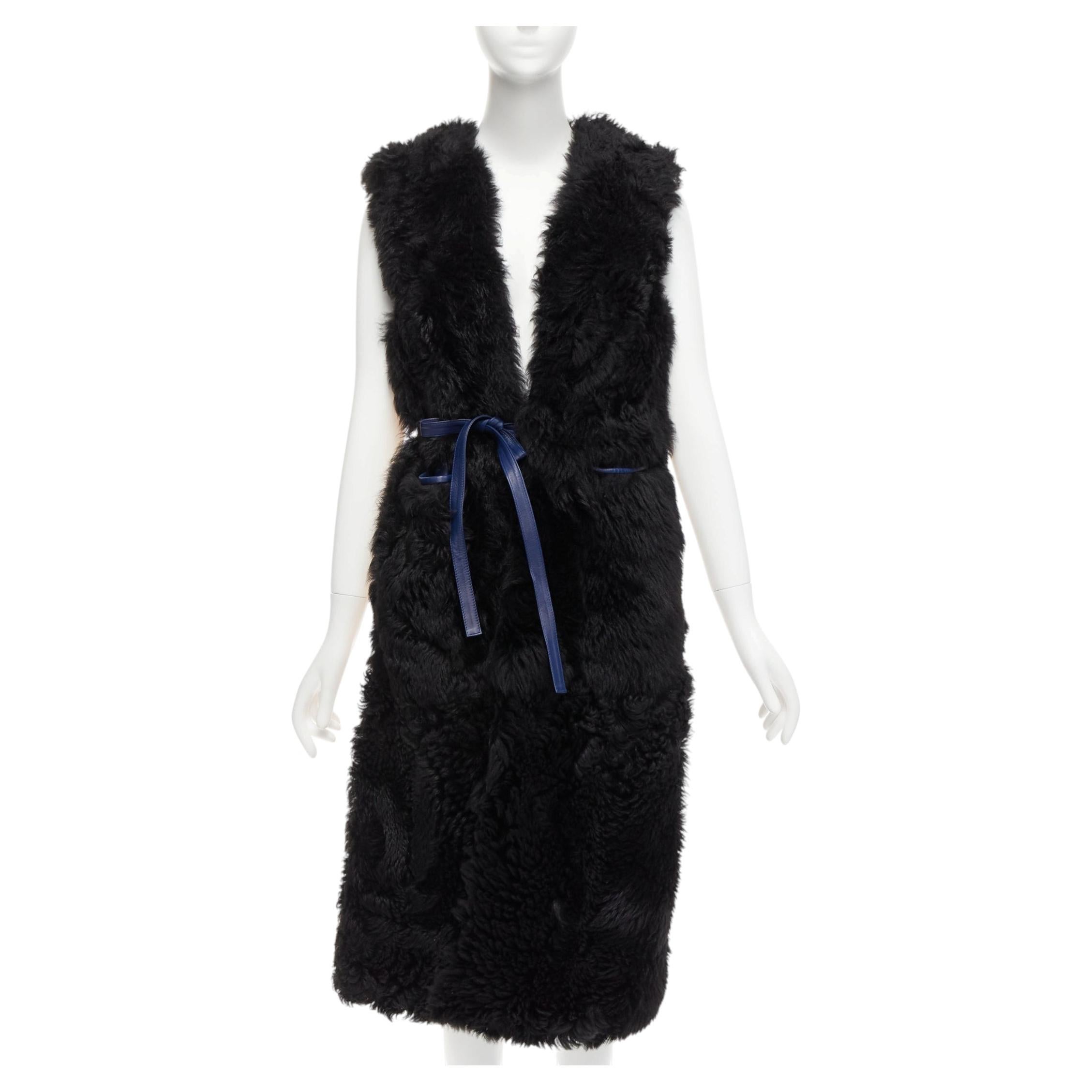 Pre-owned Marni Black Lamb Shearling Fur Blue Leather Belted Belt It38 Xs