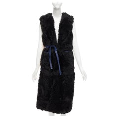 MARNI black lamb shearling fur blue leather belted belt IT38 XS