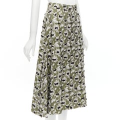 BALENCIAGA 2015 Grüner schwarzer Midirock mit Fransenverzierung und weißem Blumenmuster FR36 S
