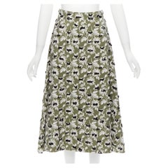BALENCIAGA 2015 Grüner schwarzer Midirock mit Fransenverzierung und weißem Blumenmuster FR36 S
