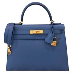 Hermes Kelly 28 Sellier Bleu Agate Epsom Leather Gold Hardware RARE Top Handle