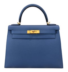 Hermes Kelly 28 Sellier Bleu Agate Epsom Leather Gold Hardware RARE Top Handle