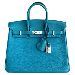 Hermes Birkin 25 Turquoise Blue Green Togo Palladium Hardware RARE Top Handle
