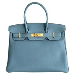 Hermes Birkin 30 Bleu Ciel Blue Togo Leather Gold Hardware RARE Top Handle Bags