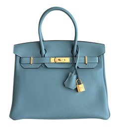Hermes Birkin 30 Bleu Ciel Blue Togo Leather Gold Hardware RARE Top Handle Bags