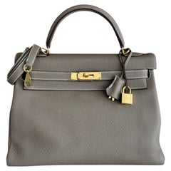 Hermès Kelly 32 Etoupe Gray Togo Leather Gold Hardware Shoulder Bag
