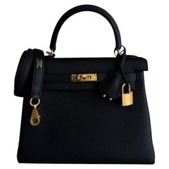 Hermes Kelly 25 Black Noir Togo Leather Gold Hardware RARE Top Handle Bags