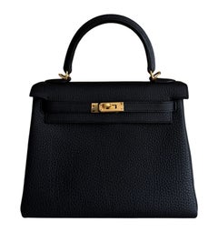Hermes Kelly 25 Black Noir Togo Leather Gold Hardware RARE Top Handle Bags